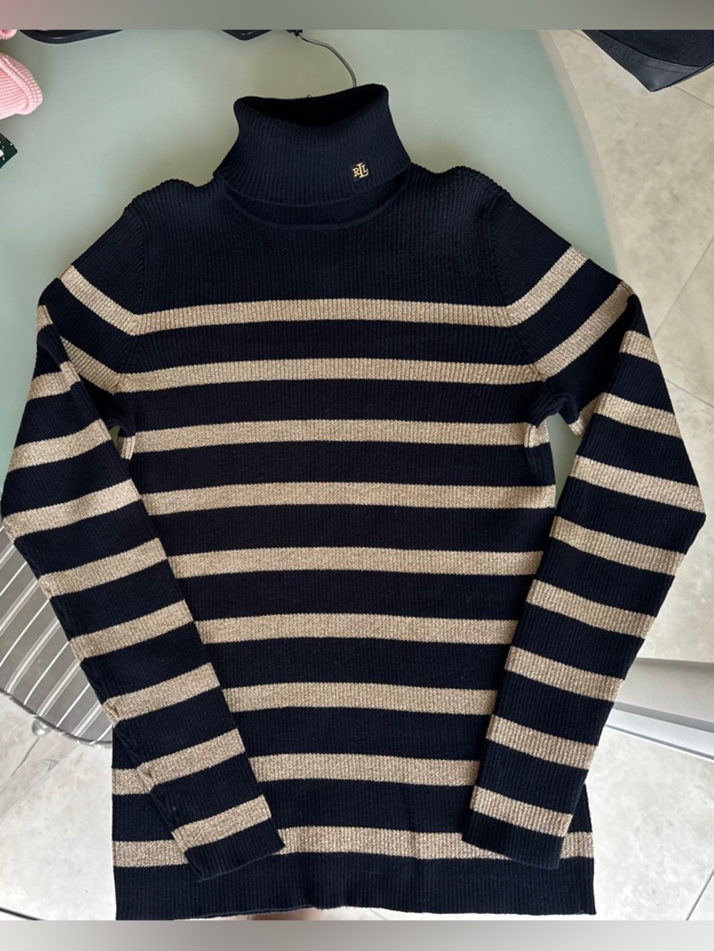 Lauren Ralph Lauren Navy w Lurex Gold Turtleneck Sweater -logo